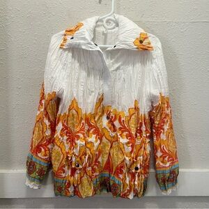 Lindi White and Multi Color Pattern Crinkle Drawstring Waist Jacket Medium